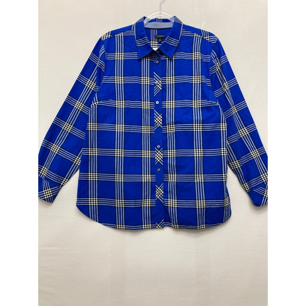 Talbots Button Down Shirt Size XL Blue Plaid Long Sleeve Preppy Career Casual